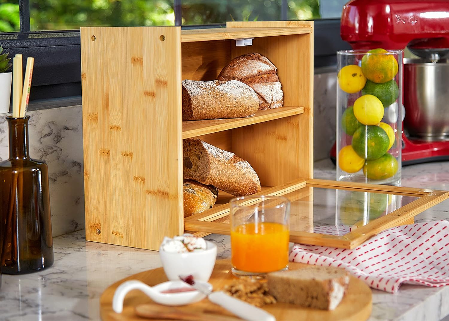 Food Storage: Double Layer Bamboo Bread Box for Kitchen Counter with Large Capacity and Transparent Window