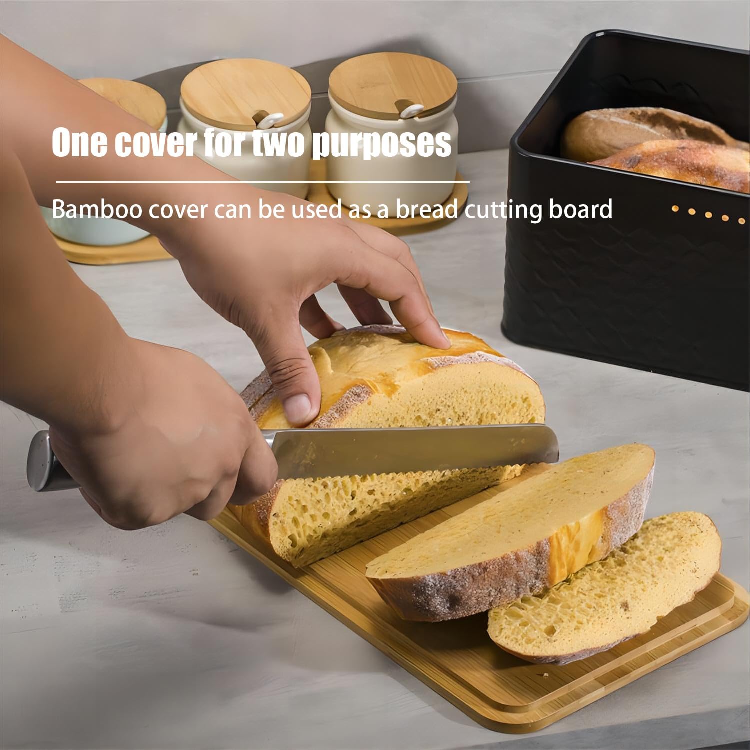 Food Storage: Bread Bin with Bamboo Lid used as Chopping Board for Kitchen Countertop
