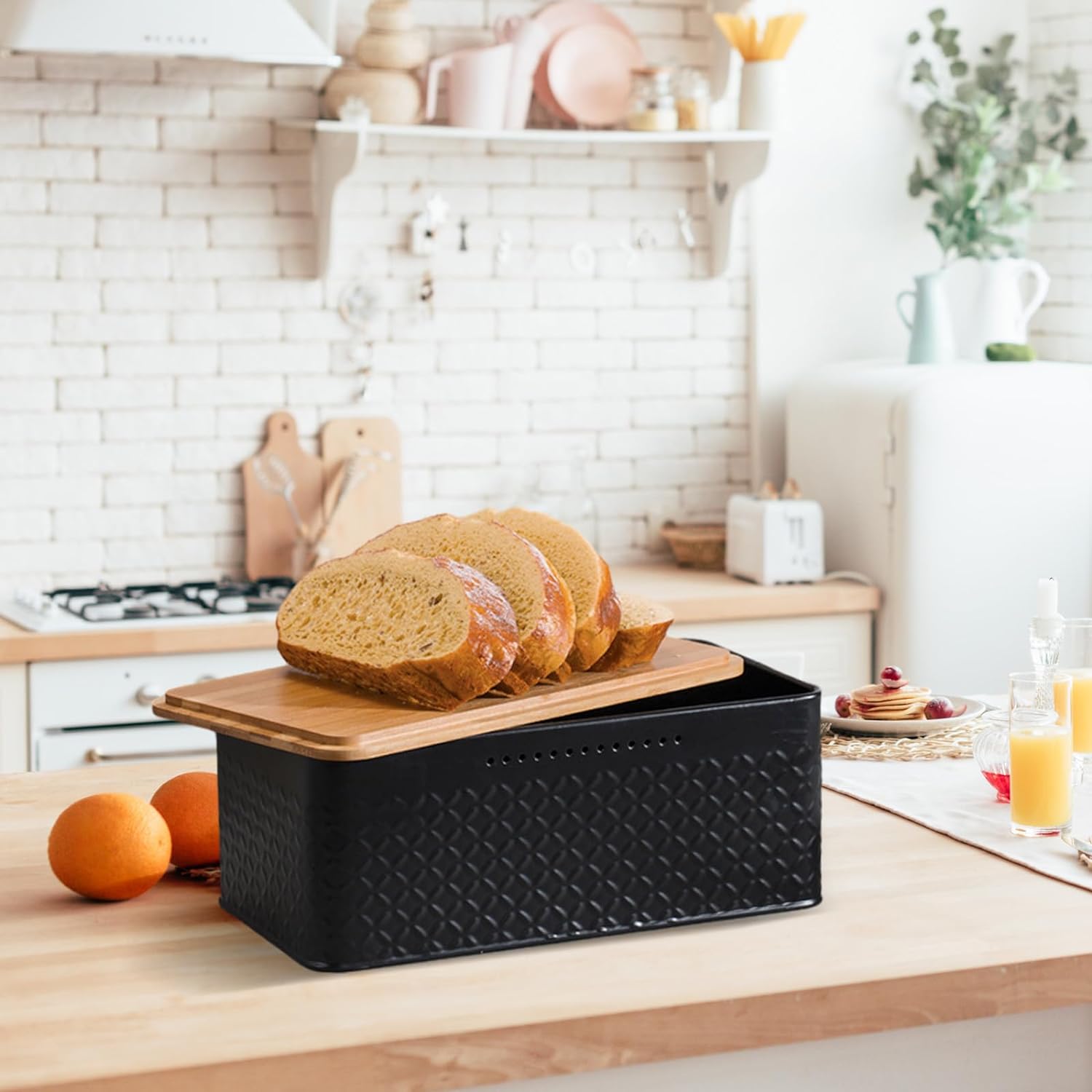Food Storage: Bread Bin with Bamboo Lid used as Chopping Board for Kitchen Countertop
