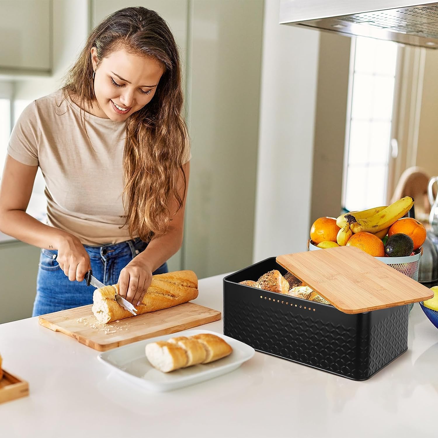 Food Storage: Bread Bin with Bamboo Lid used as Chopping Board for Kitchen Countertop