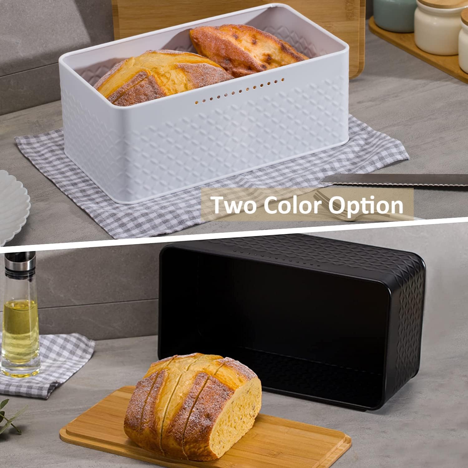 Food Storage: Bread Bin with Bamboo Lid used as Chopping Board for Kitchen Countertop