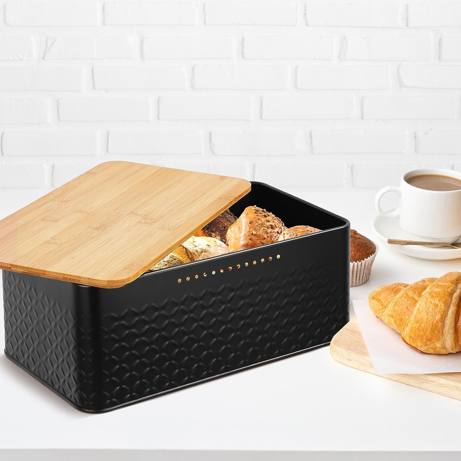 Food Storage: Bread Bin with Bamboo Lid used as Chopping Board for Kitchen Countertop