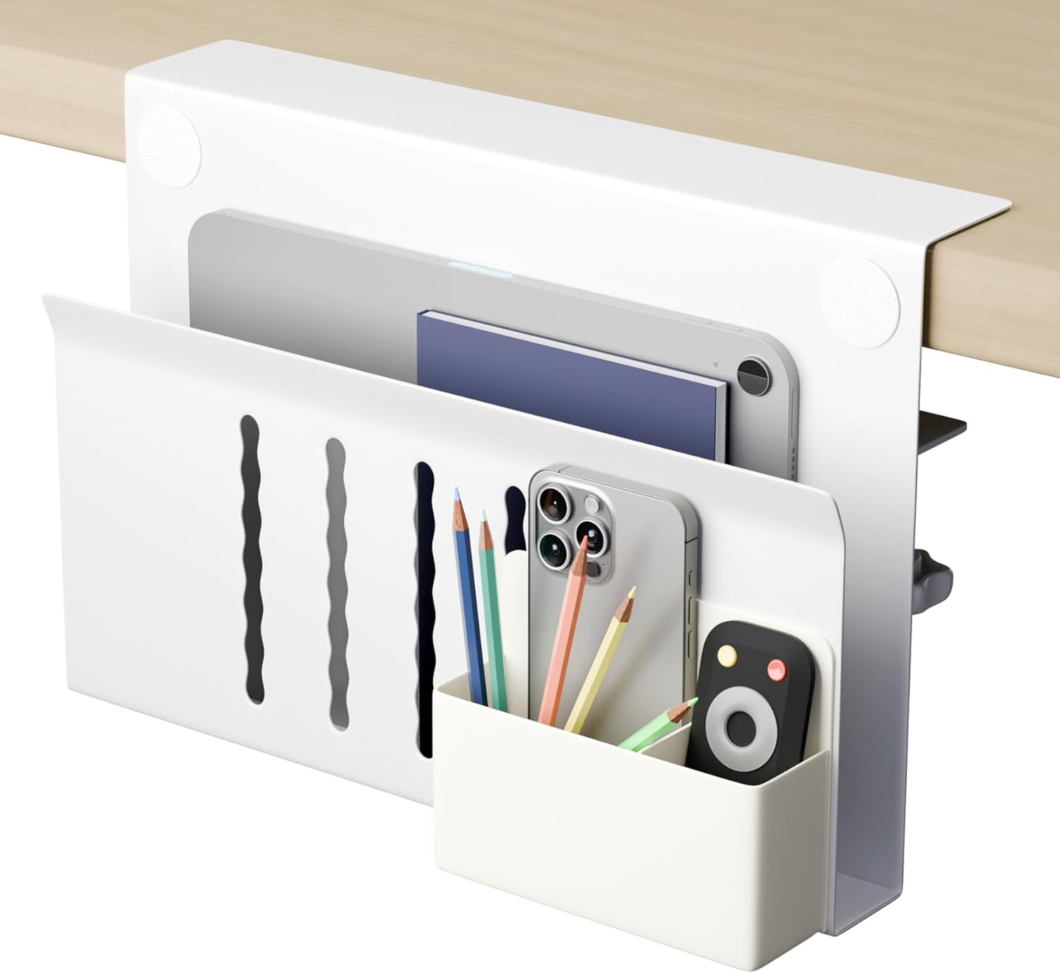 Filing & Organisation: Under Desk Side Laptop Holder Storage with No Drill Cable Management Tray and Pen Storage for Office and Home