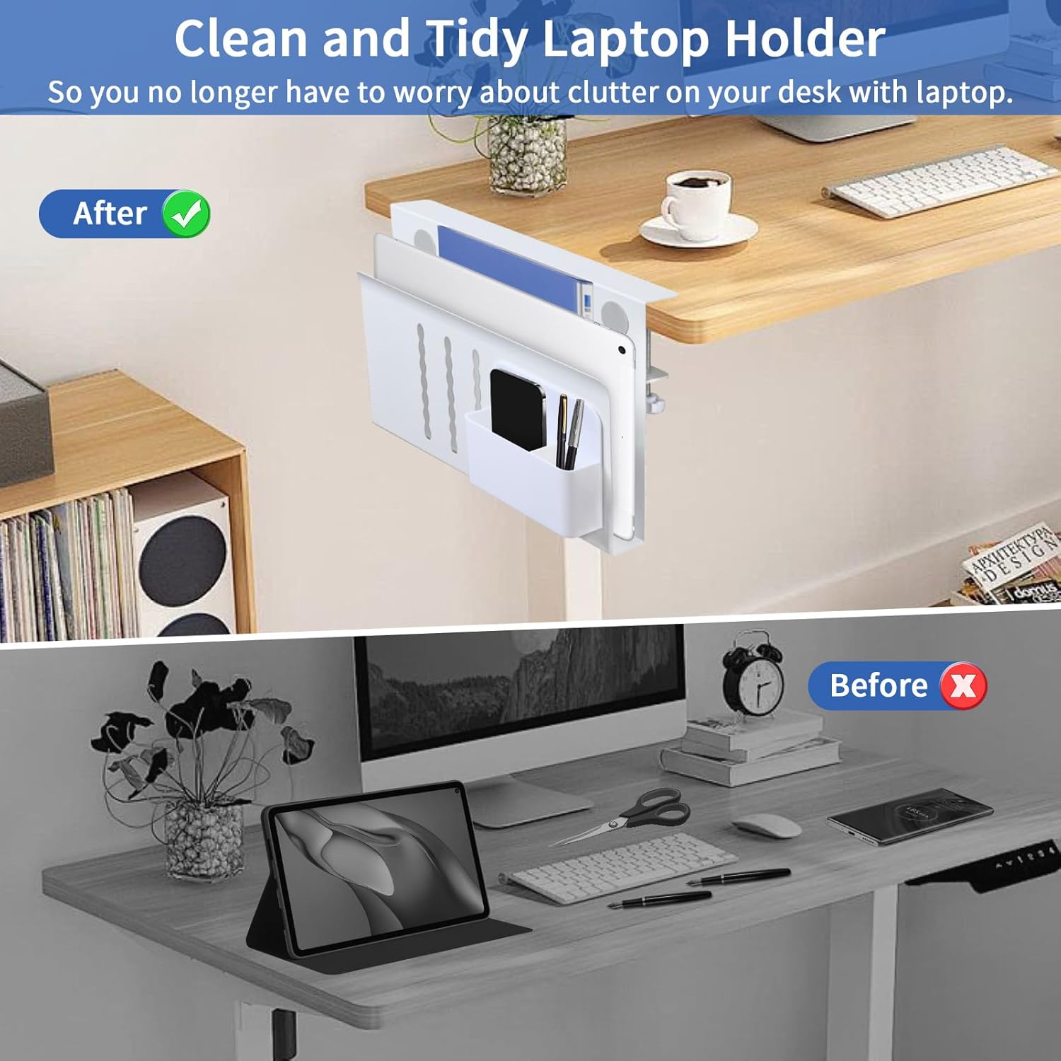 Filing & Organisation: Under Desk Side Laptop Holder Storage with No Drill Cable Management Tray and Pen Storage for Office and Home