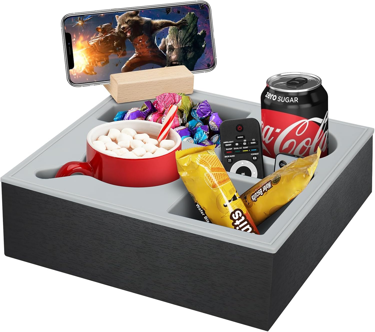 Filing & Organisation: Wooden Couch Cup Holder Tray with Soft Silicone & Rotatable Phone Holder for Storaging Drinks & Snacks