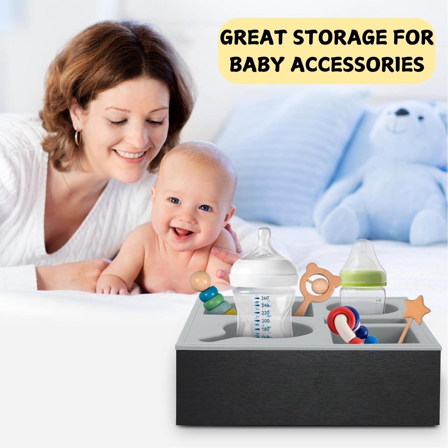 Filing & Organisation: Wooden Couch Cup Holder Tray with Soft Silicone & Rotatable Phone Holder for Storaging Drinks & Snacks