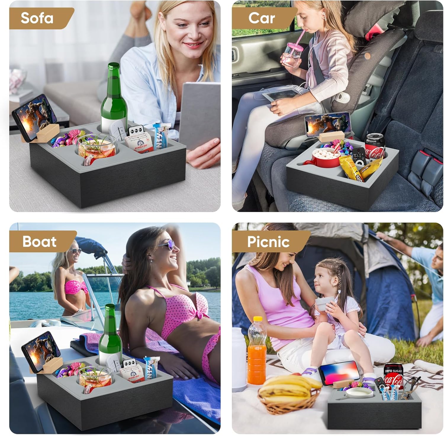 Filing & Organisation: Wooden Couch Cup Holder Tray with Soft Silicone & Rotatable Phone Holder for Storaging Drinks & Snacks
