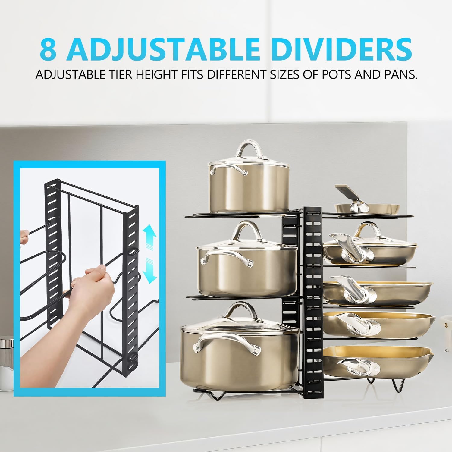 Bakeware & Accessories: CARLA HOME Adjustable 8-Tier Pan Rack Pot Organizer for Kitchen Cabinet