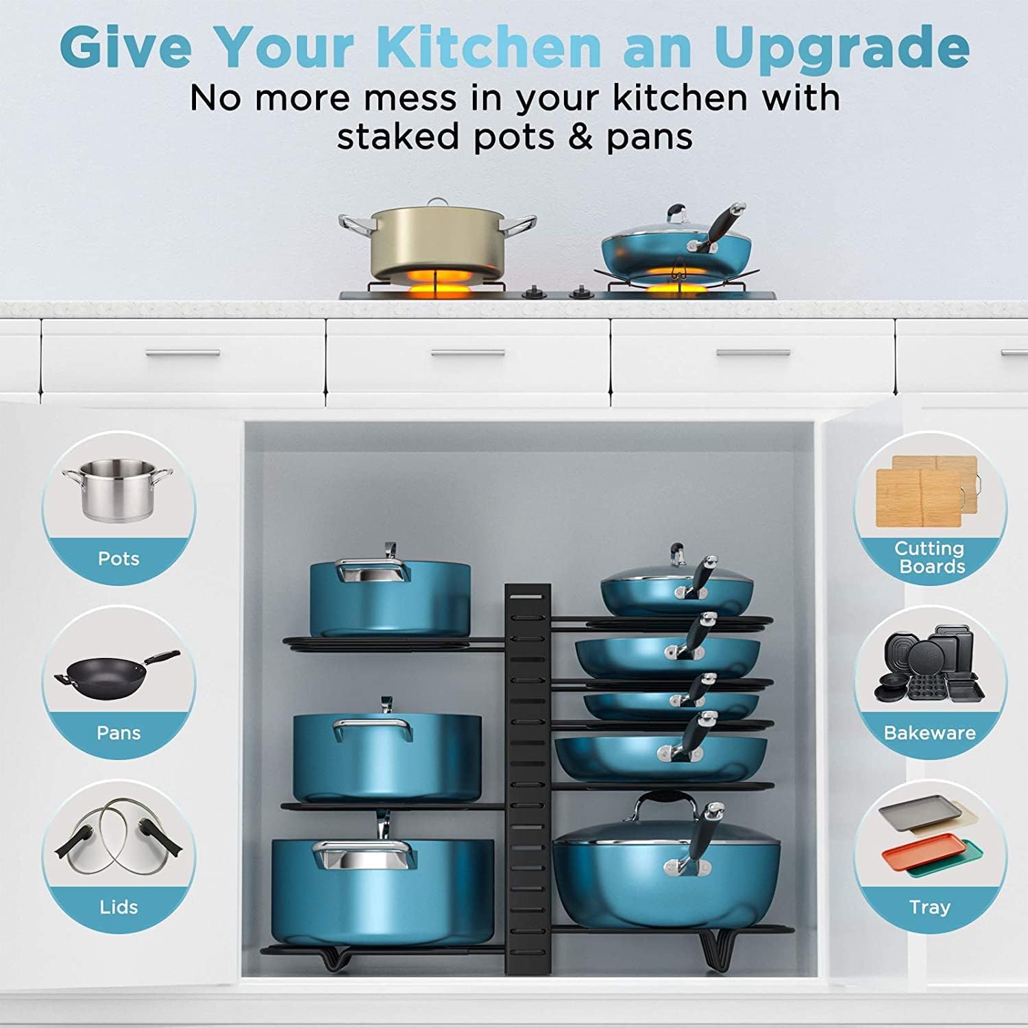 Bakeware & Accessories: CARLA HOME Adjustable 8-Tier Pan Rack Pot Organizer for Kitchen Cabinet