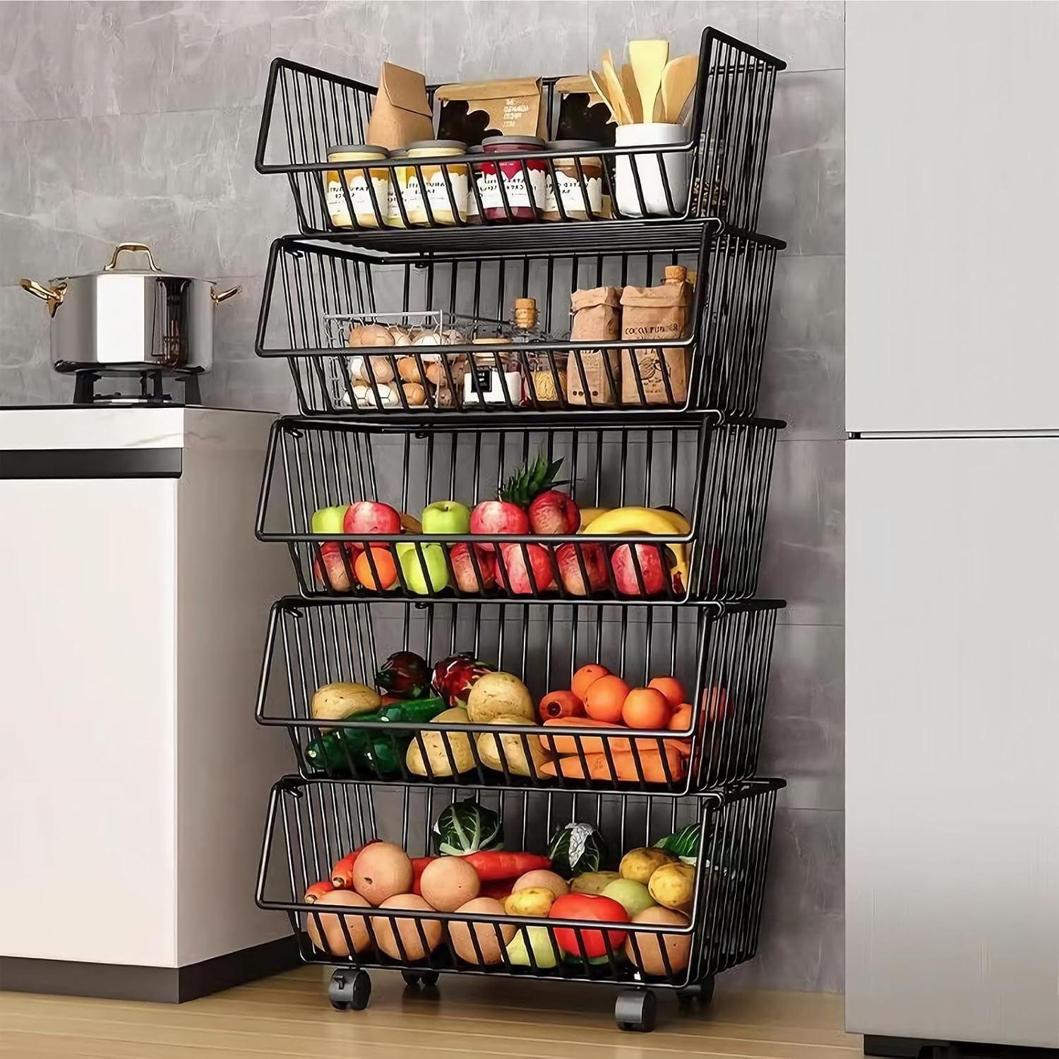 Food Storage: CARLA HOME Metal 5-Tier Rolling Vegetable and Fruit Basket Cart Stand for Kitchen