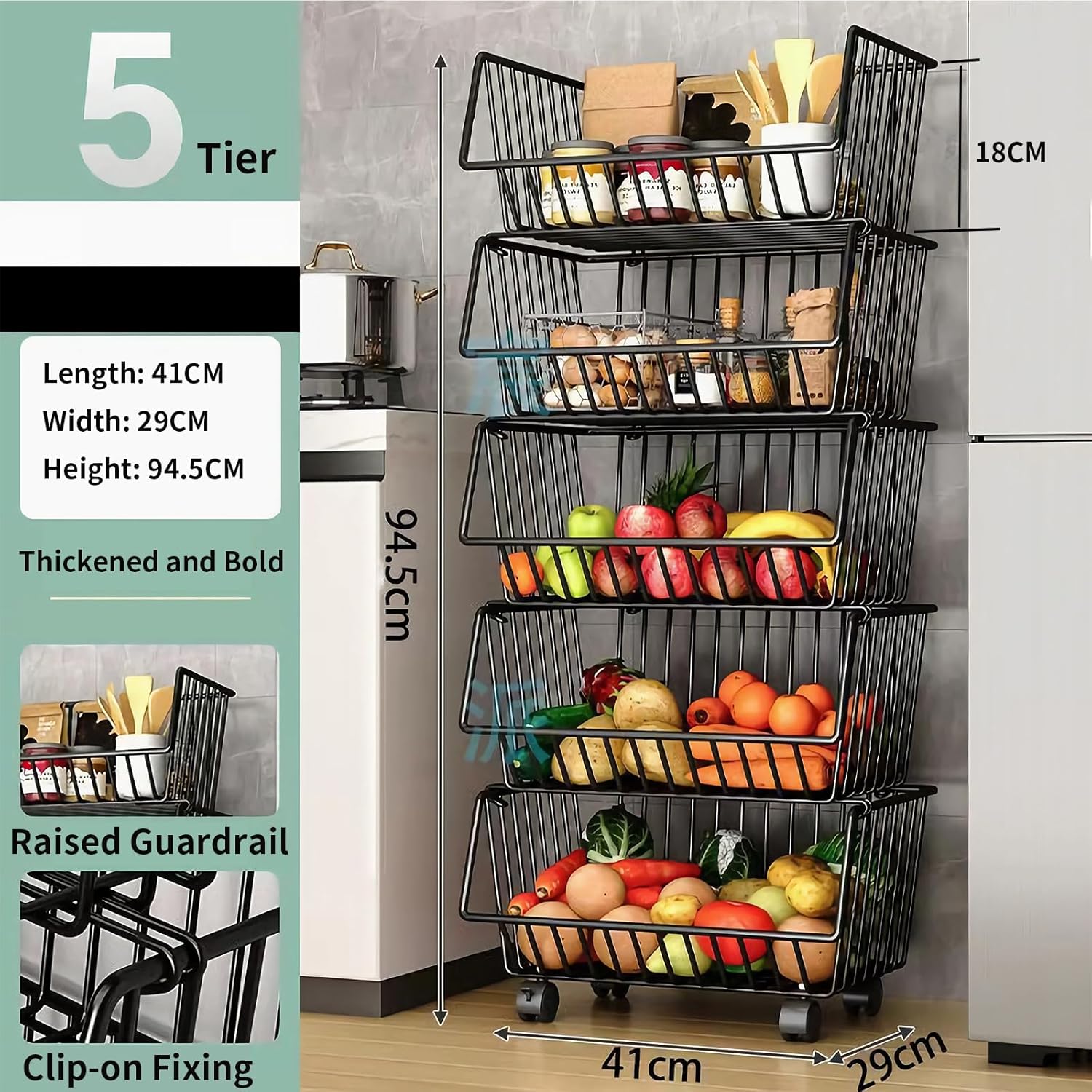Food Storage: CARLA HOME Metal 5-Tier Rolling Vegetable and Fruit Basket Cart Stand for Kitchen