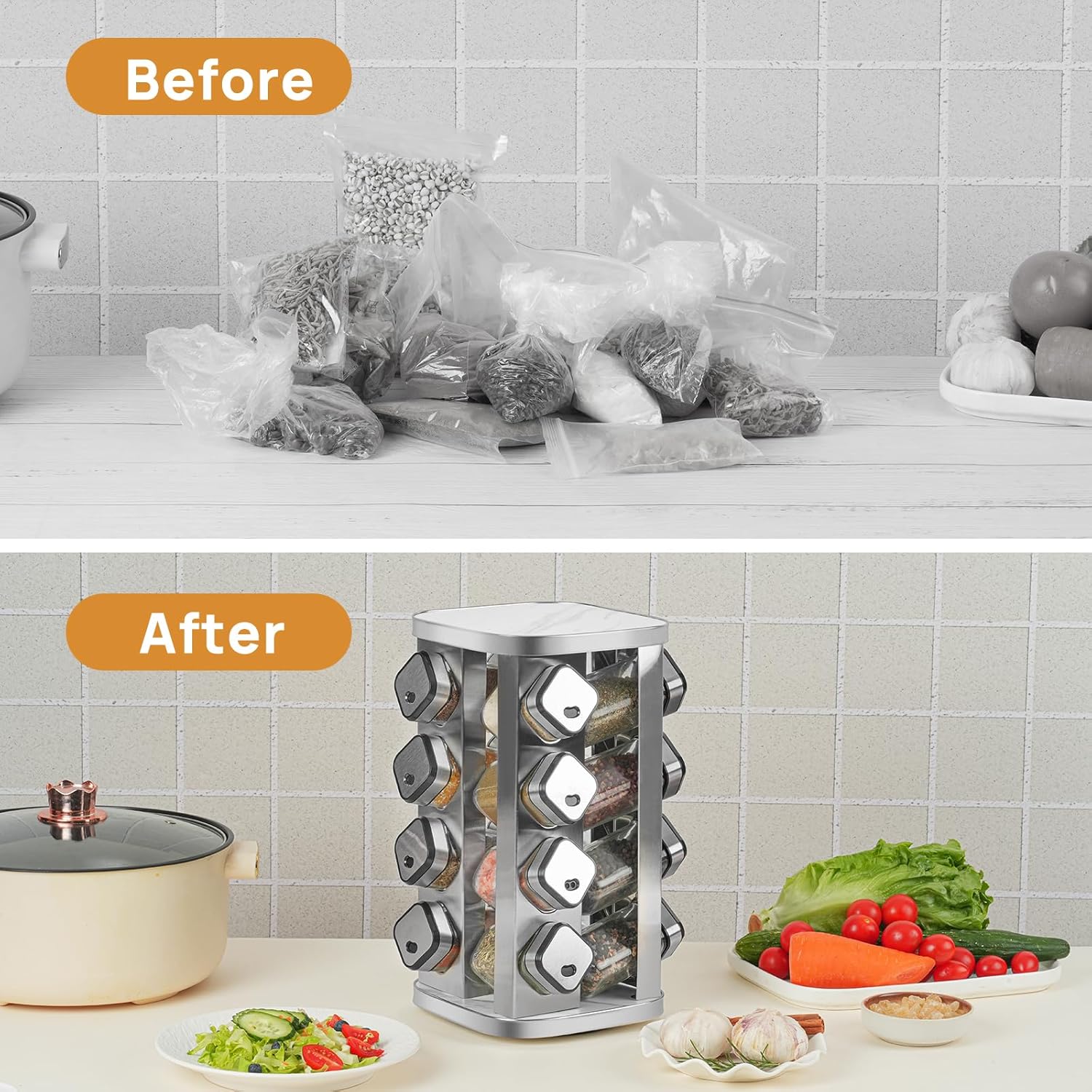 CARLA HOME Rotating Spice Rack Organizer with 12 Glass Jars for Kitchen Countertop
