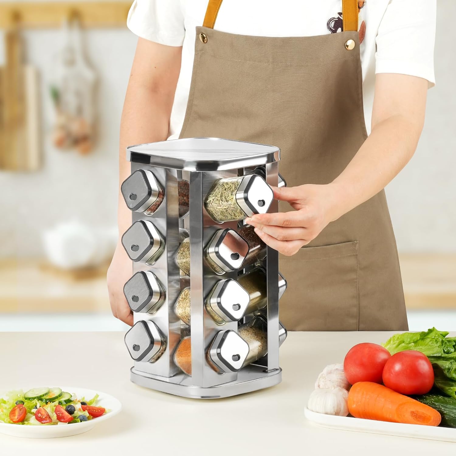 CARLA HOME Rotating Spice Rack Organizer with 12 Glass Jars for Kitchen Countertop