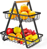 Kitchen Appliance Accessories: CARLA HOME 2-Tier Fruit Basket Stand for Kitchen Countertop for Fruits, Vegetables, Bread & Snacks with Wooden Handle
