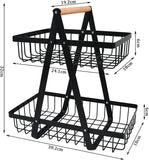 Kitchen Appliance Accessories: CARLA HOME 2-Tier Fruit Basket Stand for Kitchen Countertop for Fruits, Vegetables, Bread & Snacks with Wooden Handle