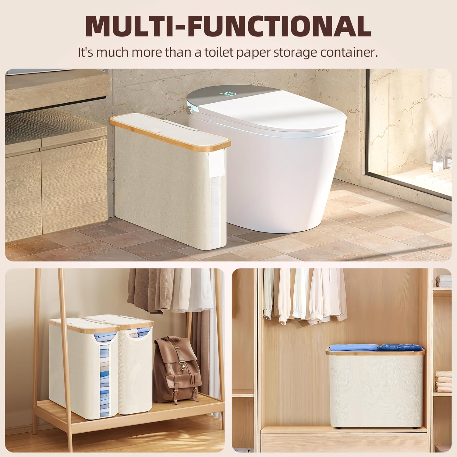 Kitchen & Bathroom DIY: CARLA HOME Toilet Paper Storage Basket Holds Up to 12 Rolls with Bamboo Lid and Handle for RV Closet (White)