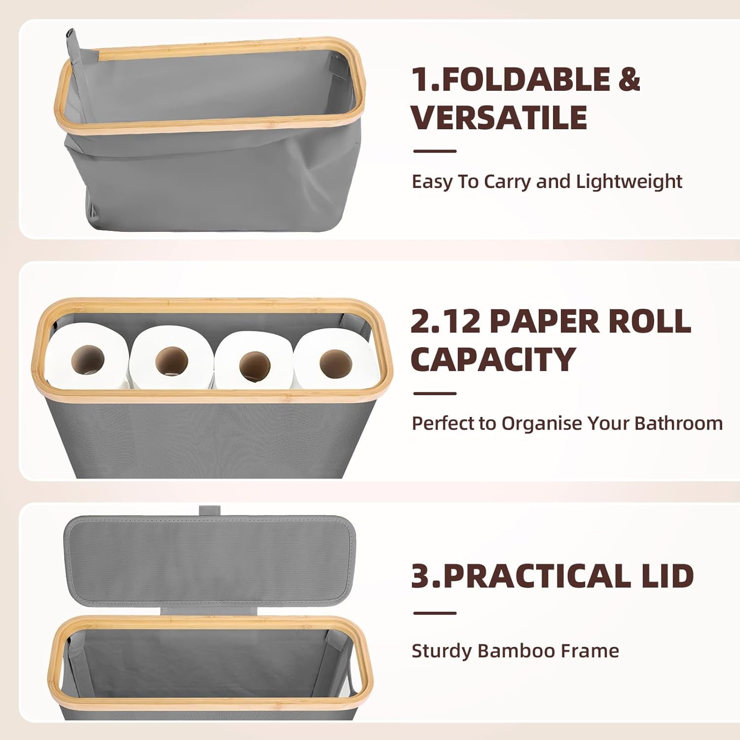 Kitchen & Bathroom DIY: CARLA HOME Toilet Paper Storage Basket Holds Up to 12 Rolls with Bamboo Lid and Handle for RV Closet (Grey)