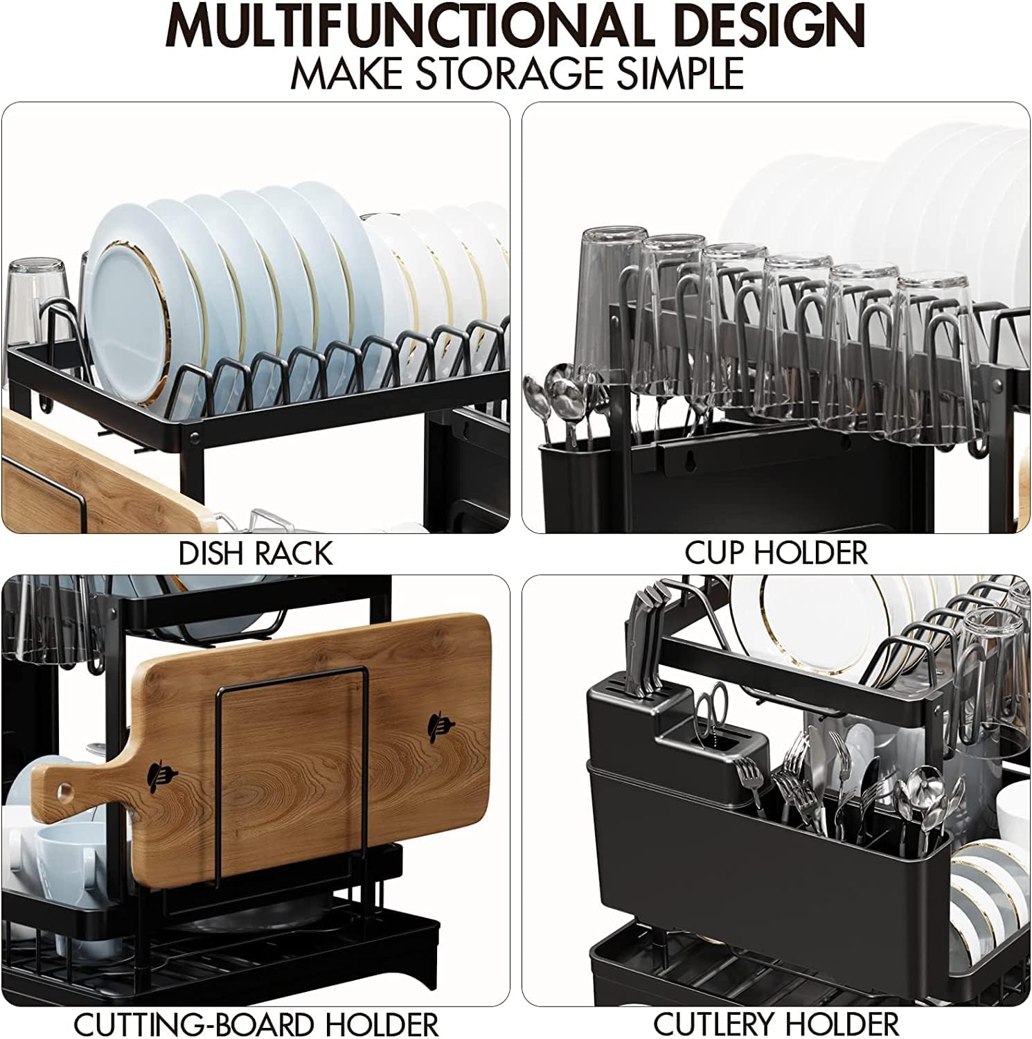 CARLA HOME 2-Tier Dish Drying Rack with Drainage Tray, Utensil Holder, Cup Hooks & Cutting Board Slot for Countertop Kitchen Storage (Black)