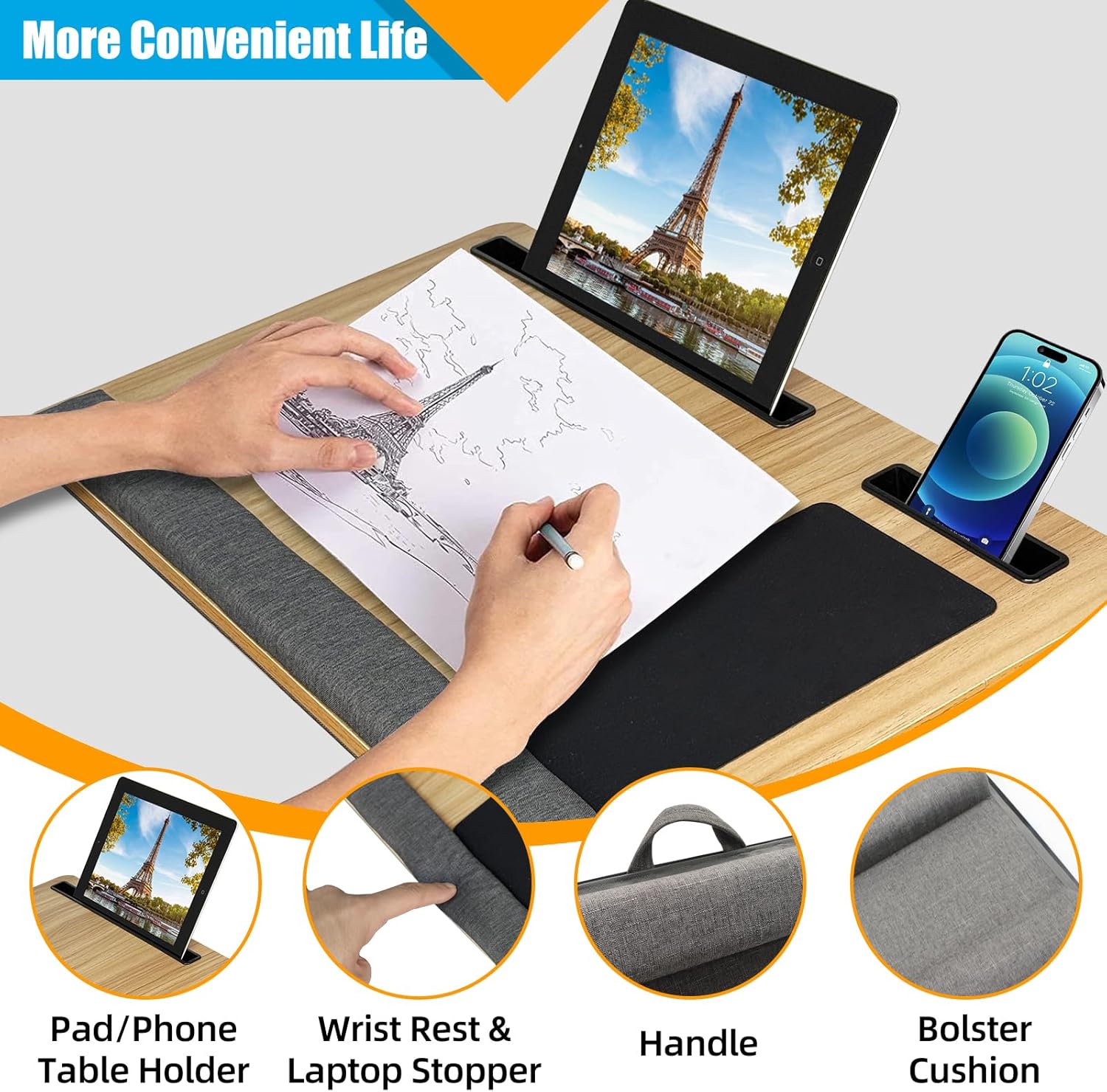 Desk Accessories: CARLA HOME Oversized Portable Lap Desk with Cushion,Mouse Pad, Tablet and Phone Holder which Fits Up to 17 Inch Laptops for Bed or Sofa (Brown)