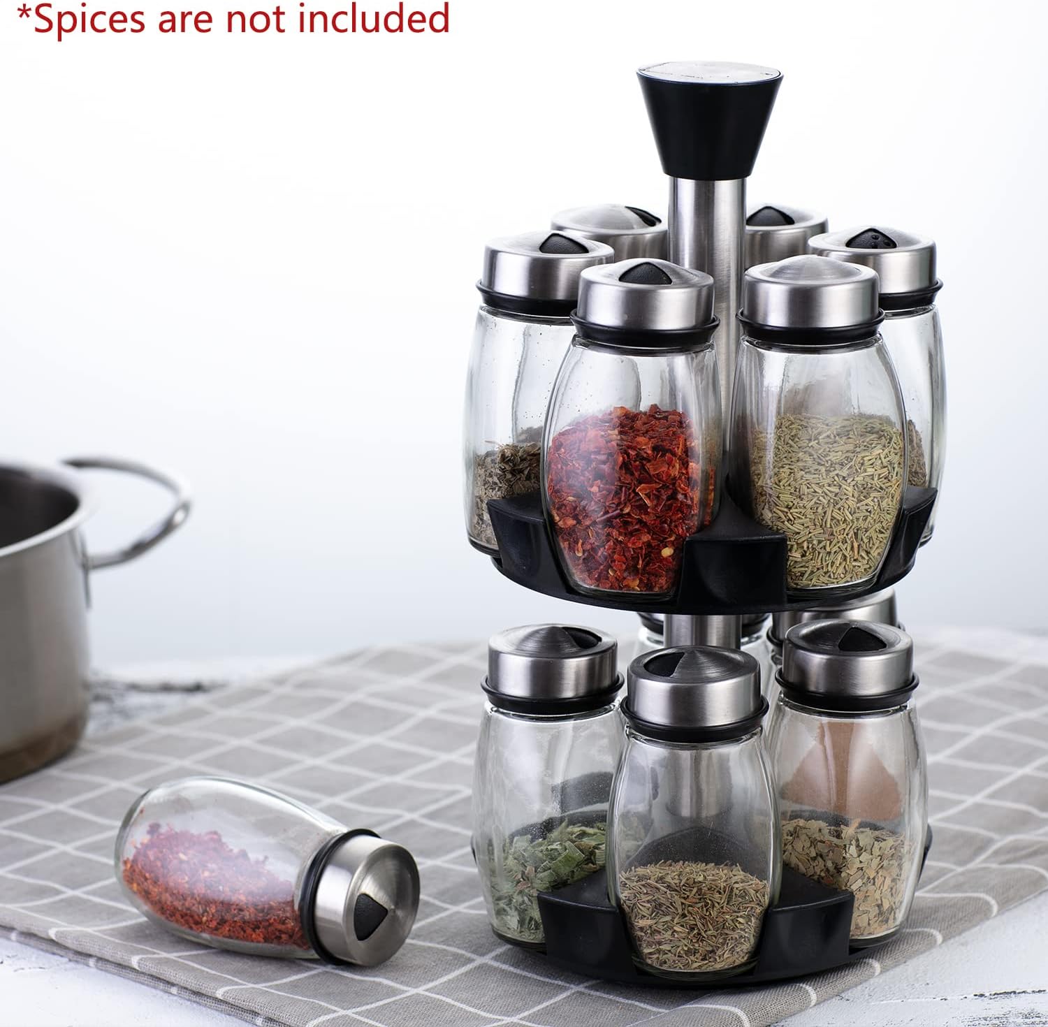 CARLA HOME Rotating Spice Rack Organizer with 12 Glass Jars for Kitchen Seasoning and Herb Storage