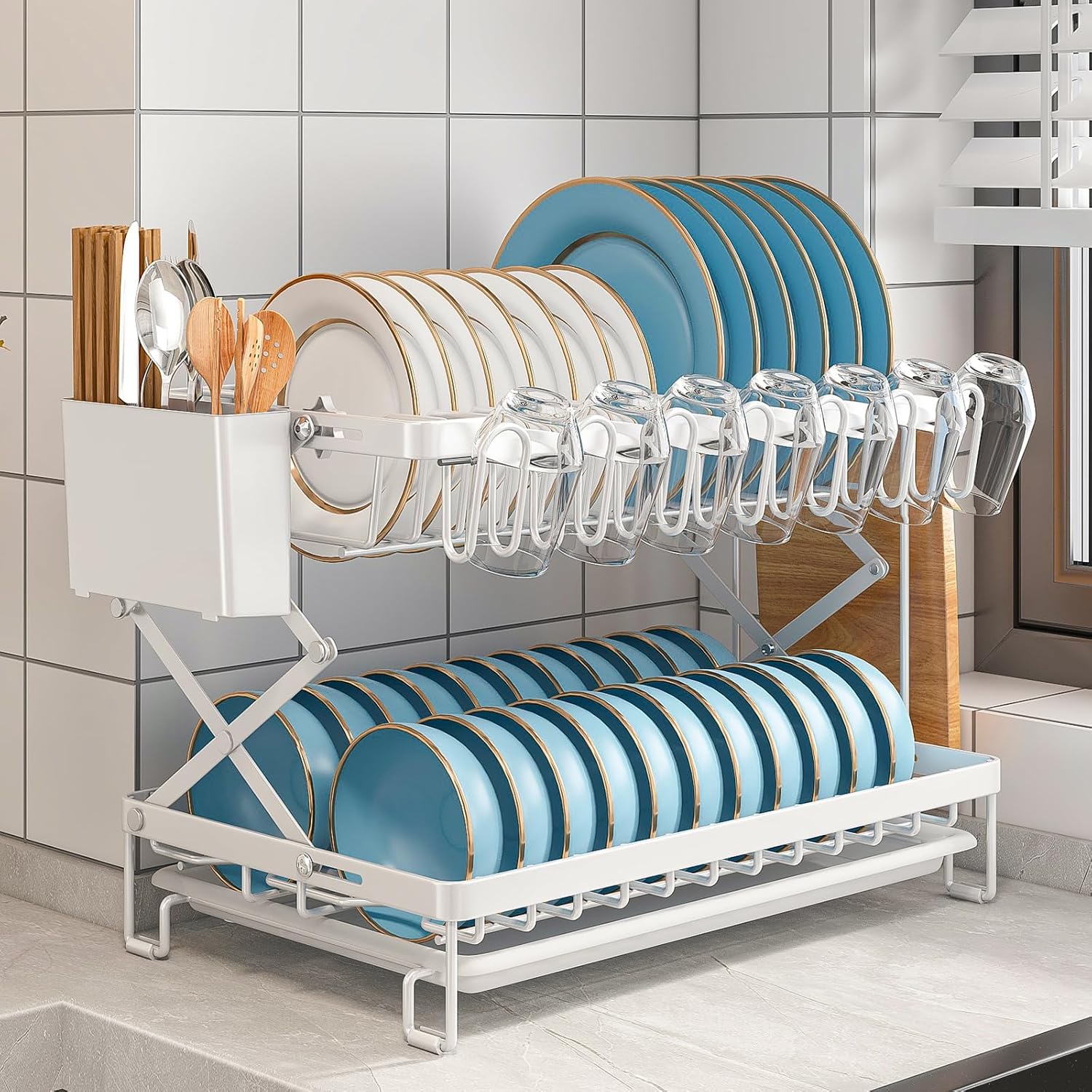 CARLA HOME 2-Tier Dish Drying Rack with Drainage Tray, Utensil Holder, Cup Hooks & Cutting Board Rack for Kitchen (White)