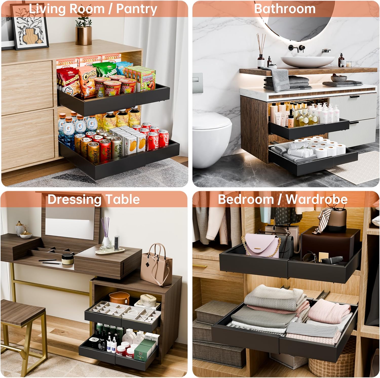 Desk Accessories: CARLA HOME Pack Pull Out Cabinet Organizer Expandable for Cabinets with Adjustable Slide Out Shelves and Easy Installation (Black)