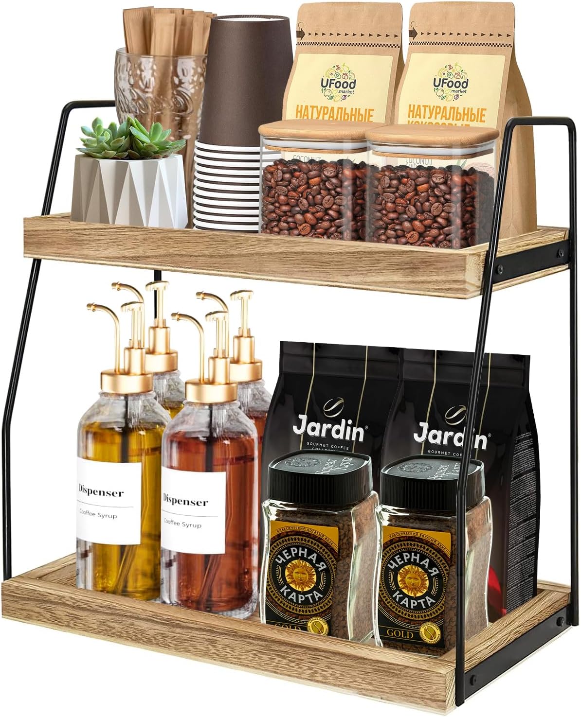 Storage Cabinets: CARLA HOME 2-Tier Wooden Coffee Station Rack Organizer for Coffee Bar, Condiments, Syrups, Storage Jars & Spice Storage Shelf