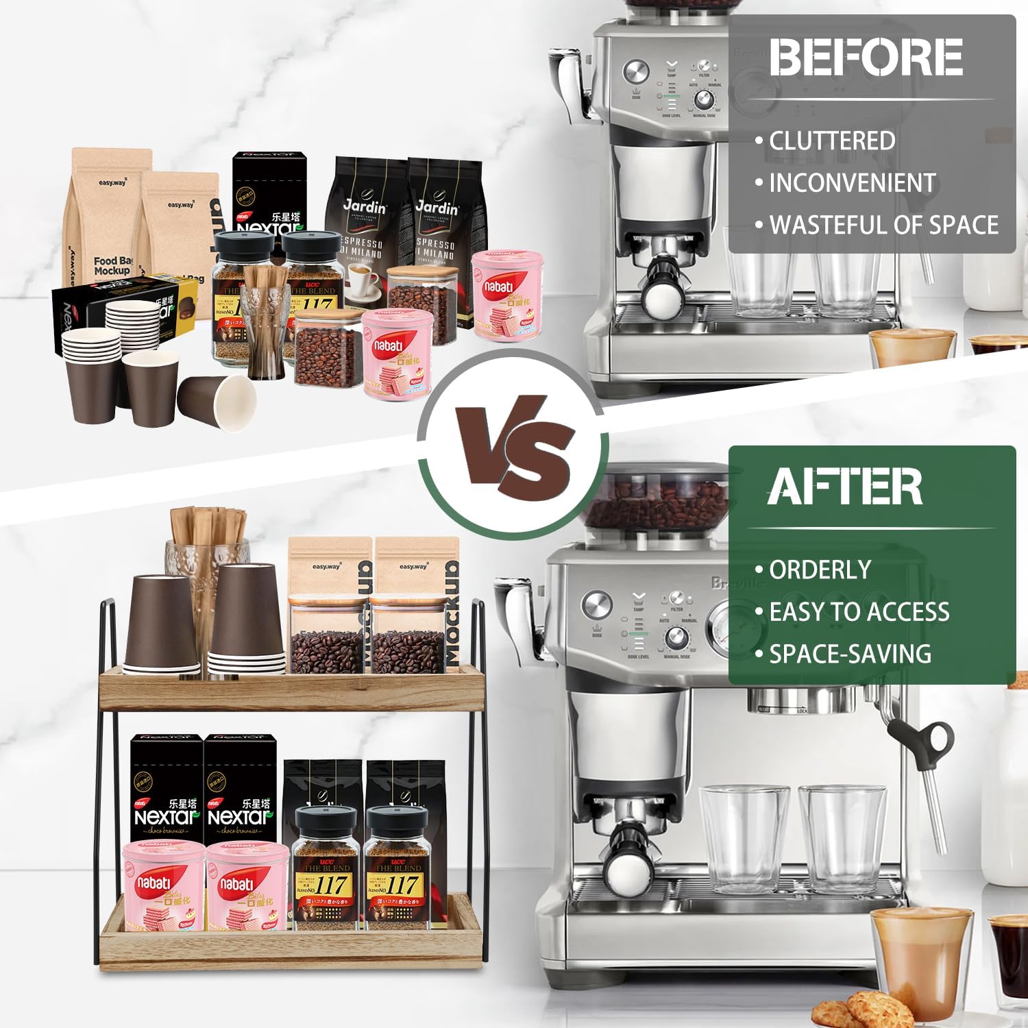 Storage Cabinets: CARLA HOME 2-Tier Wooden Coffee Station Rack Organizer for Coffee Bar, Condiments, Syrups, Storage Jars & Spice Storage Shelf
