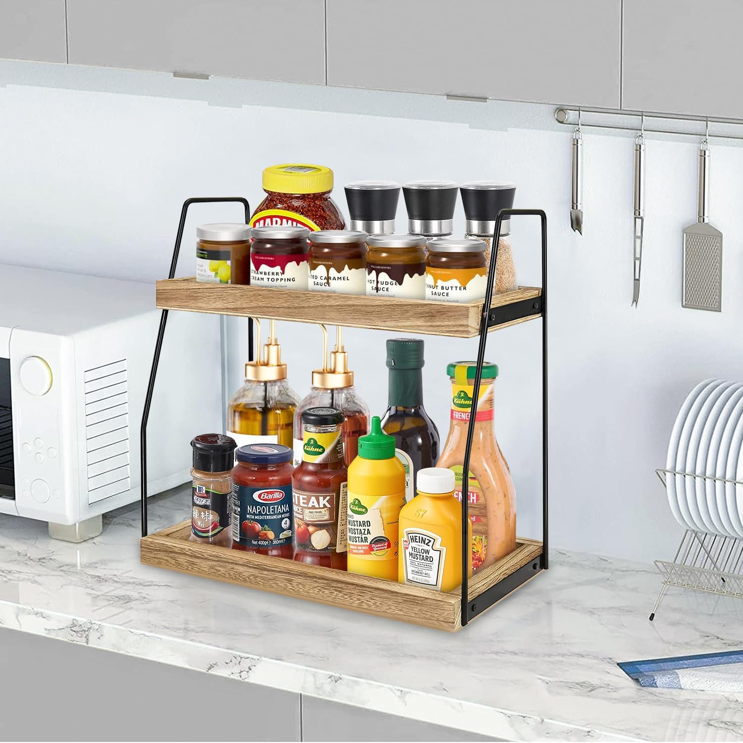 Storage Cabinets: CARLA HOME 2-Tier Wooden Coffee Station Rack Organizer for Coffee Bar, Condiments, Syrups, Storage Jars & Spice Storage Shelf