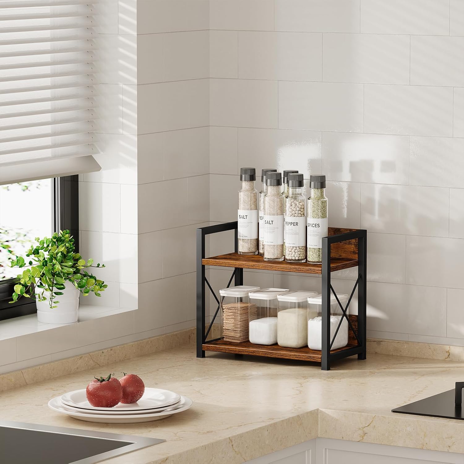 CARLA HOME 2-Tier Countertop Shelf Organizer Rustic Wood Kitchen Spice Rack for Storage, Condiments & Cabinet Organization