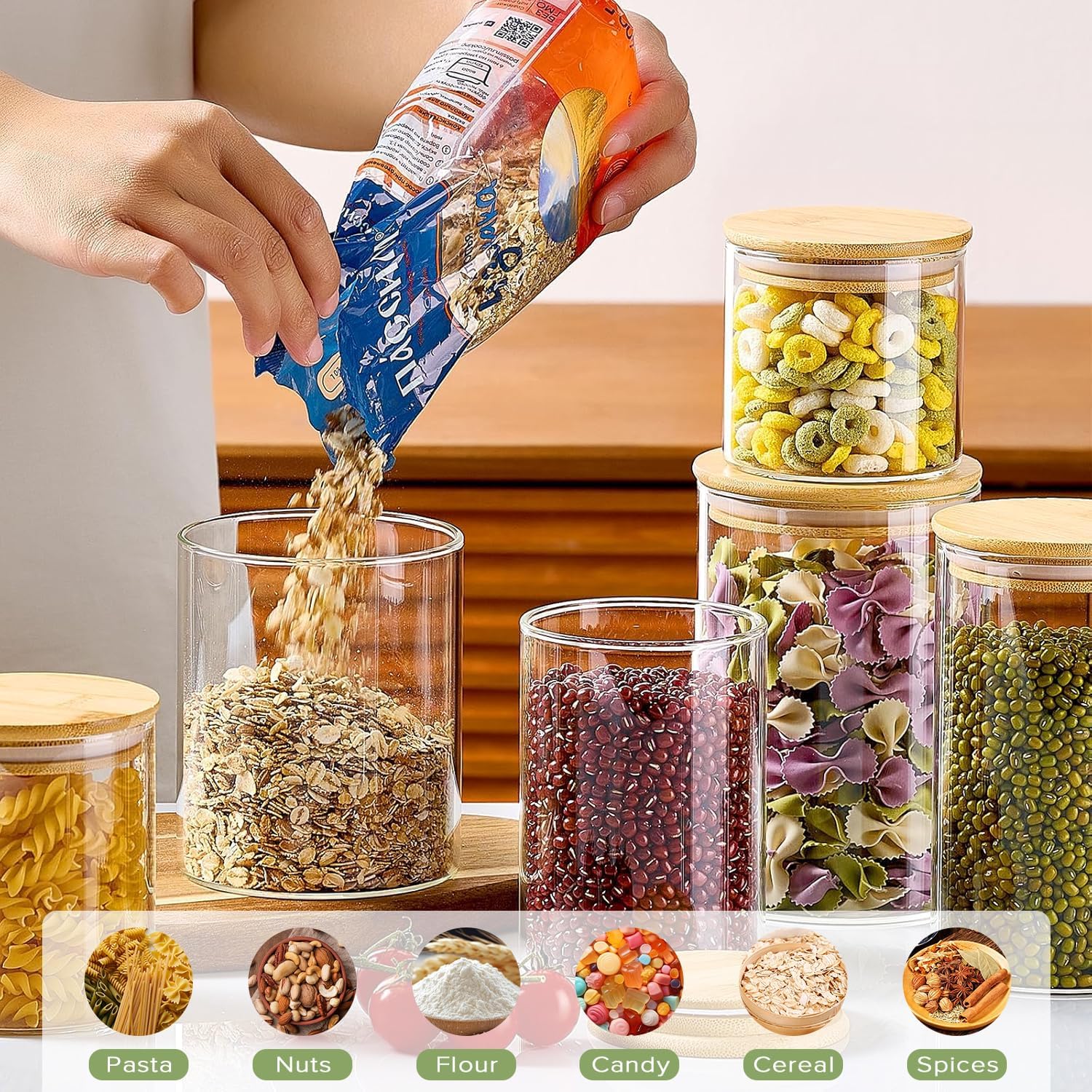CARLA HOME 6 Pack Glass Storage Jars with Bamboo Lids for Kitchen Pantry, Pasta, Snacks, Cookies, Candy & More