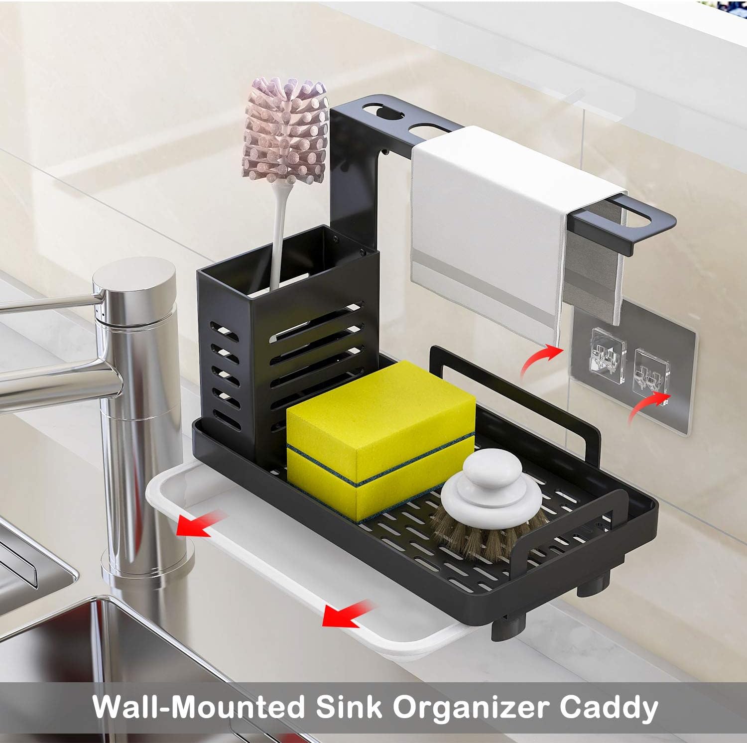 Dish Racks: CARLA HOME Kitchen Sink Caddy Organizer with Sponge, Soap & Brush Storage and Rag Rack, Drain Tray & Utensil Holder