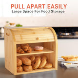 Laundry Storage: CARLA HOME Large Bamboo Bread Box Storage Organizer with Roll Top for Kitchen Counter