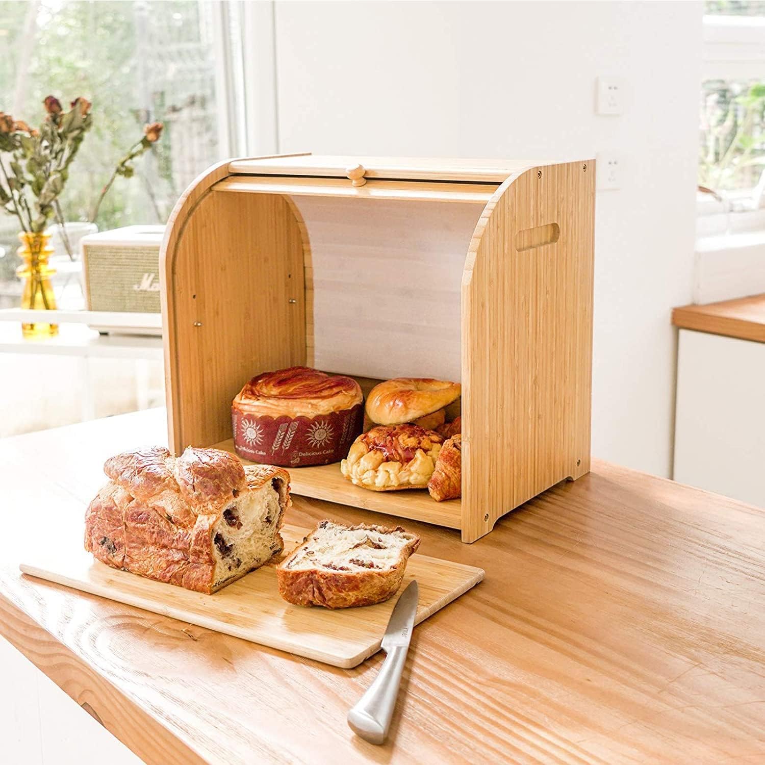 CARLA HOME Large Bamboo Bread Box Storage Organizer with Roll Top for Kitchen Counter