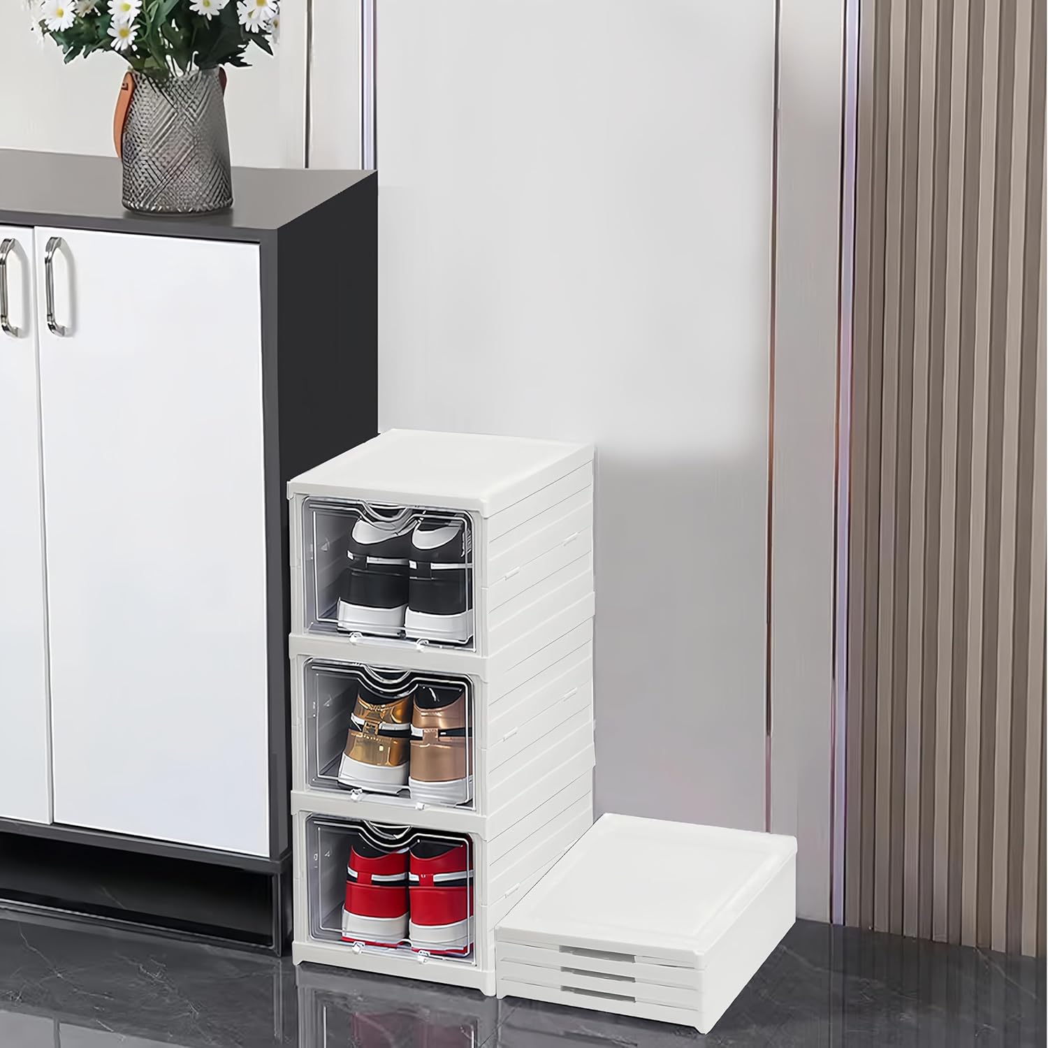 Makeup Organisation & Storage: CARLA HOME 3-Tier Stackable Shoe Storage Box Organizer with Clear Door for Closet, Entryway or Cabinet