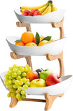 CARLA HOME 3-Tier Plastic Fruit Bowl Basket with Bamboo Stand for Kitchen Counter, Snack Tray, Dessert Server & Vegetable Storage Rack