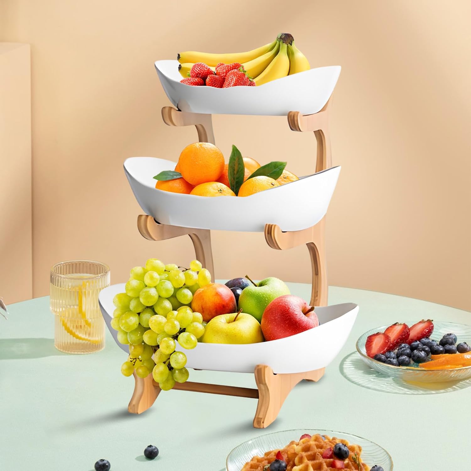 CARLA HOME 3-Tier Plastic Fruit Bowl Basket with Bamboo Stand for Kitchen Counter, Snack Tray, Dessert Server & Vegetable Storage Rack