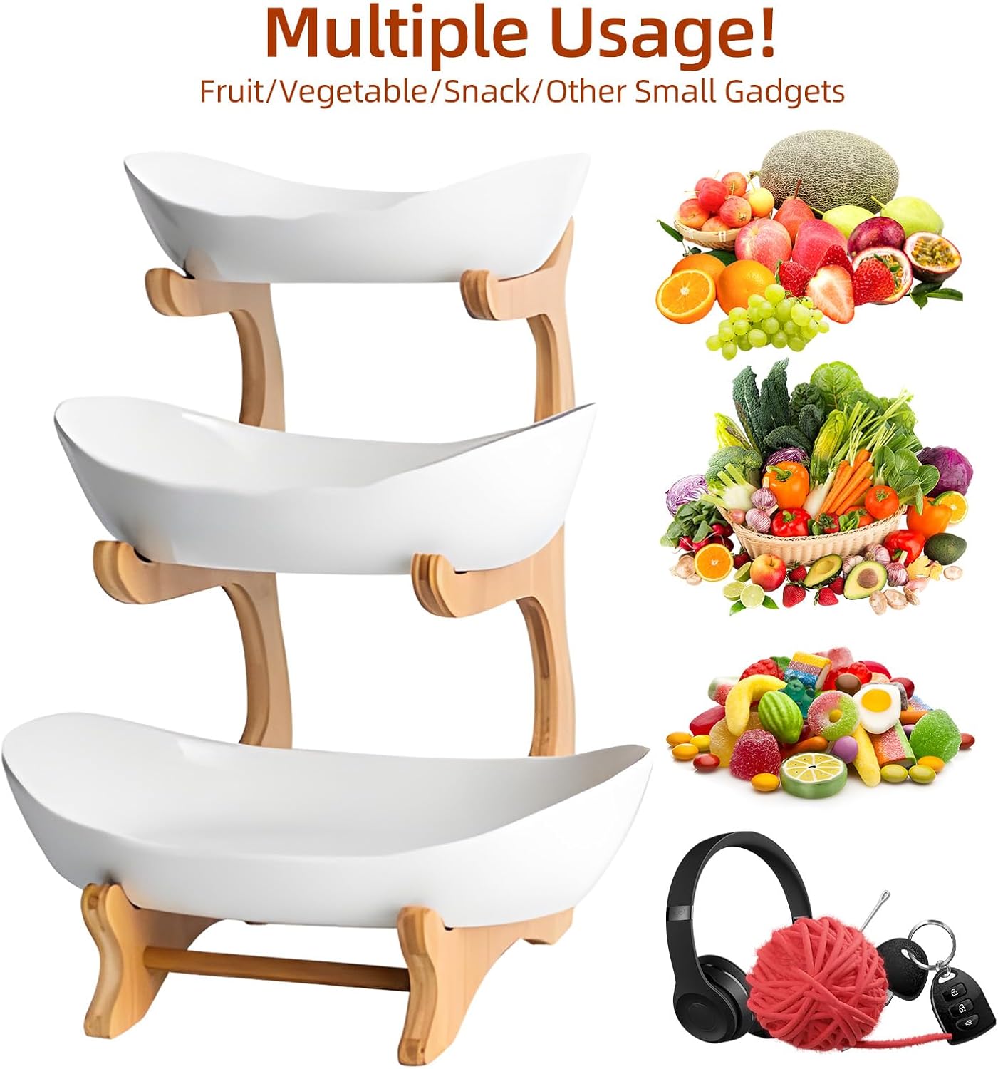 CARLA HOME 3-Tier Plastic Fruit Bowl Basket with Bamboo Stand for Kitchen Counter, Snack Tray, Dessert Server & Vegetable Storage Rack