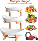 CARLA HOME 3-Tier Plastic Fruit Bowl Basket with Bamboo Stand for Kitchen Counter, Snack Tray, Dessert Server & Vegetable Storage Rack