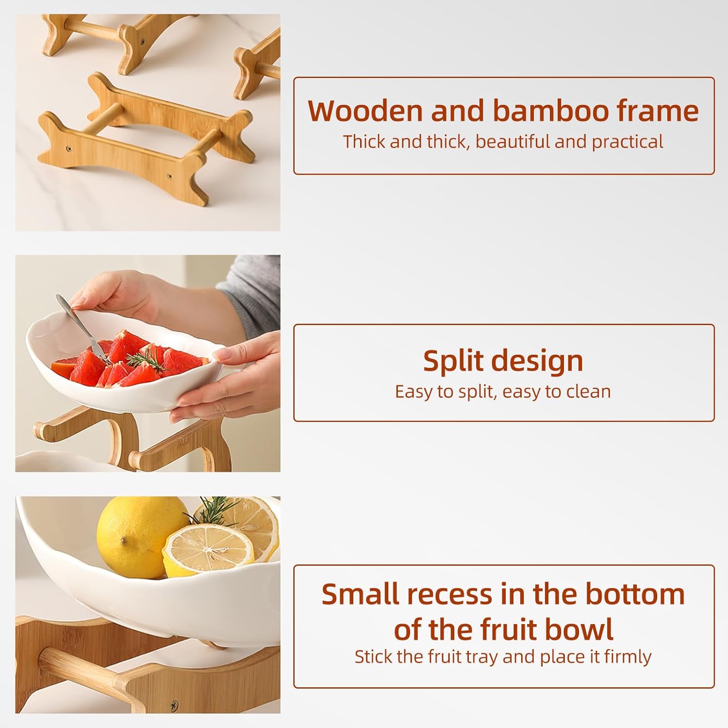 CARLA HOME 3-Tier Plastic Fruit Bowl Basket with Bamboo Stand for Kitchen Counter, Snack Tray, Dessert Server & Vegetable Storage Rack