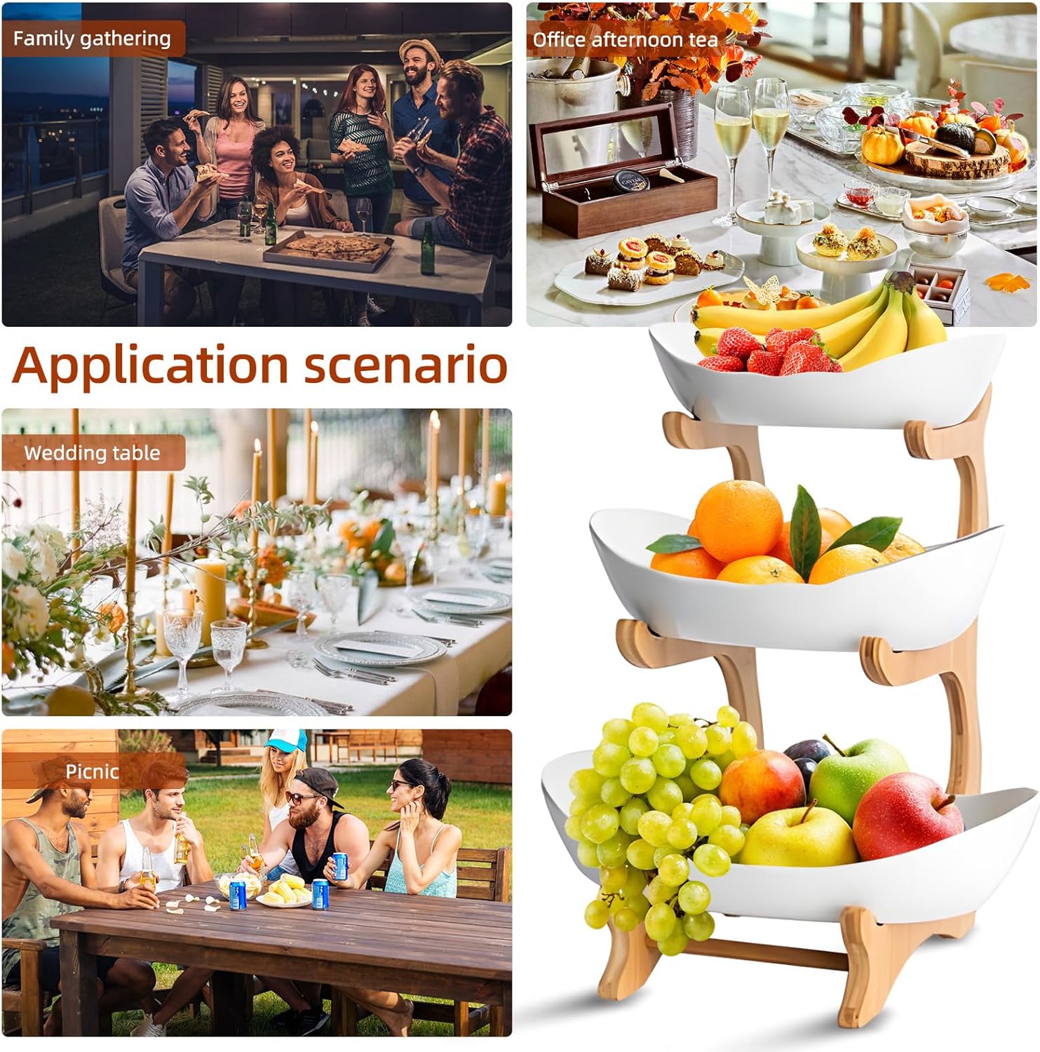 CARLA HOME 3-Tier Plastic Fruit Bowl Basket with Bamboo Stand for Kitchen Counter, Snack Tray, Dessert Server & Vegetable Storage Rack