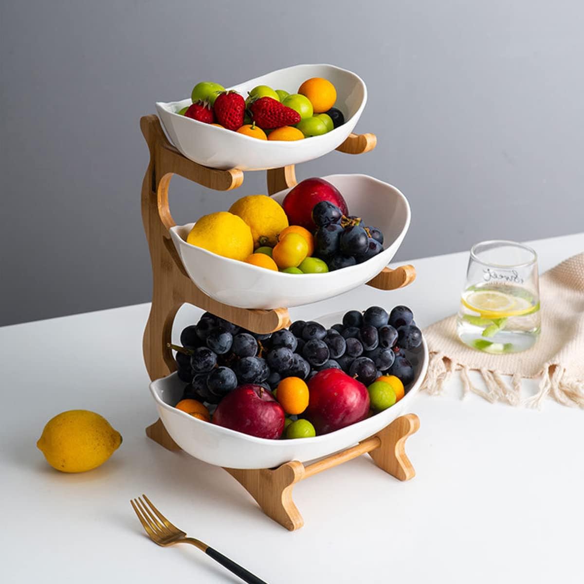 CARLA HOME 3-Tier Plastic Fruit Bowl Basket with Bamboo Stand for Kitchen Counter, Snack Tray, Dessert Server & Vegetable Storage Rack
