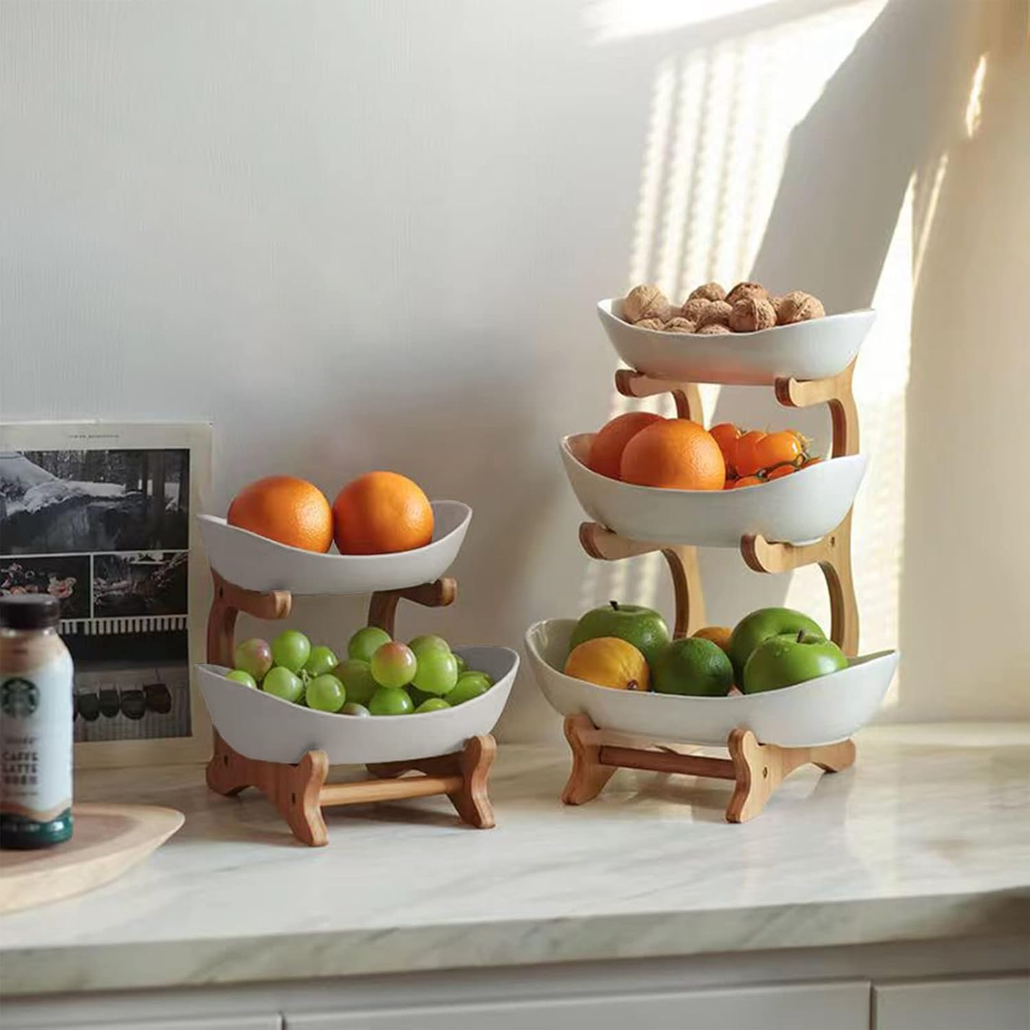 CARLA HOME 2-Tier Plastic Fruit Bowl Basket with Bamboo Stand for Kitchen Counter, Snack Tray, Dessert Server & Vegetable Storage Rack