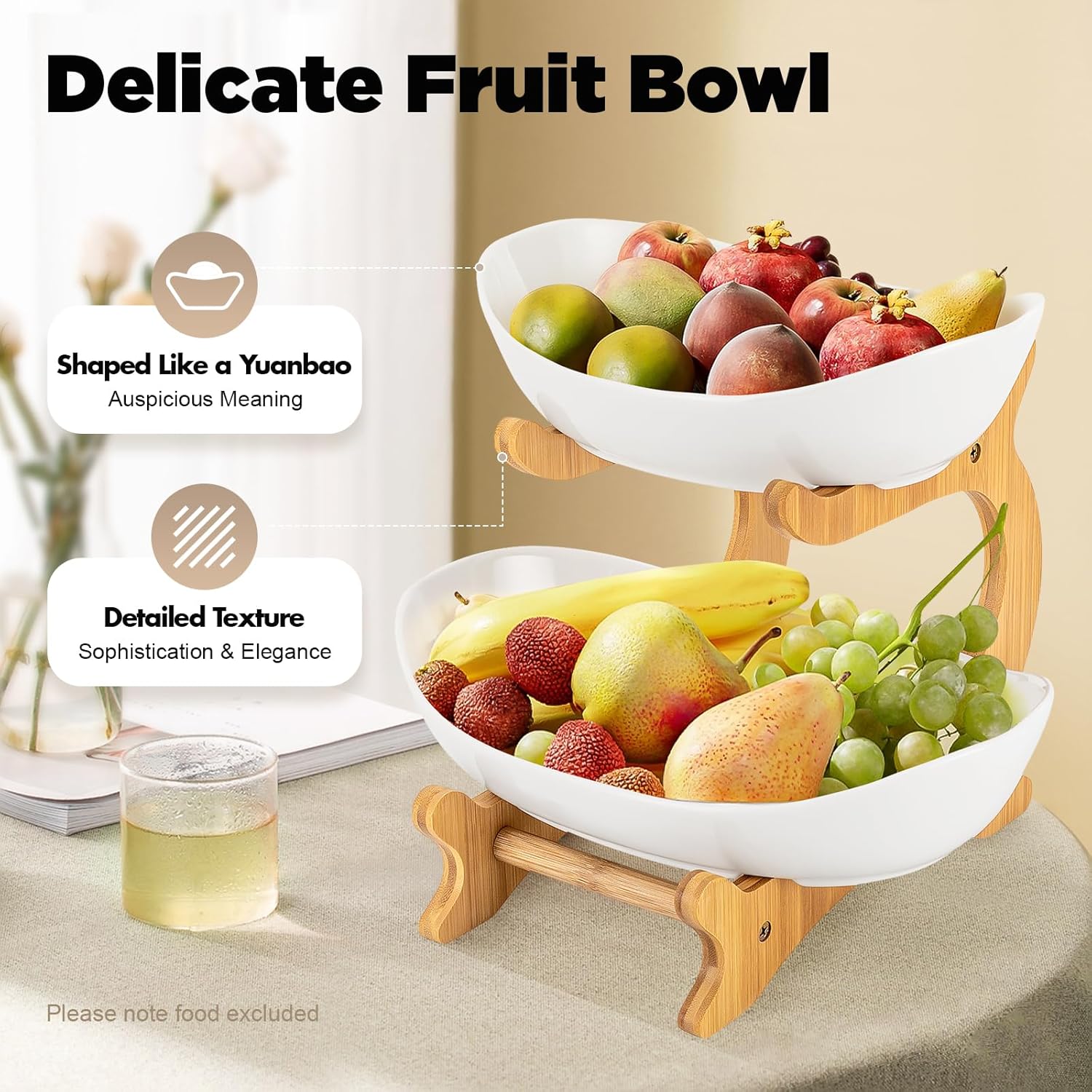 CARLA HOME 2-Tier Plastic Fruit Bowl Basket with Bamboo Stand for Kitchen Counter, Snack Tray, Dessert Server & Vegetable Storage Rack