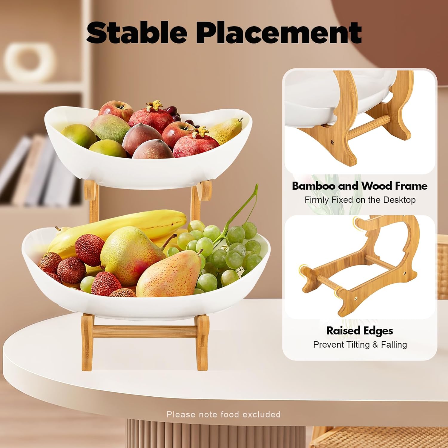 CARLA HOME 2-Tier Plastic Fruit Bowl Basket with Bamboo Stand for Kitchen Counter, Snack Tray, Dessert Server & Vegetable Storage Rack