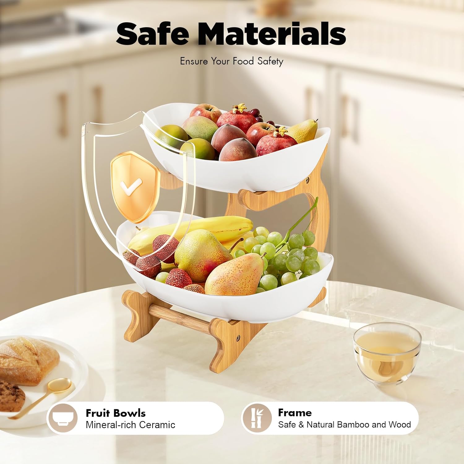 CARLA HOME 2-Tier Plastic Fruit Bowl Basket with Bamboo Stand for Kitchen Counter, Snack Tray, Dessert Server & Vegetable Storage Rack