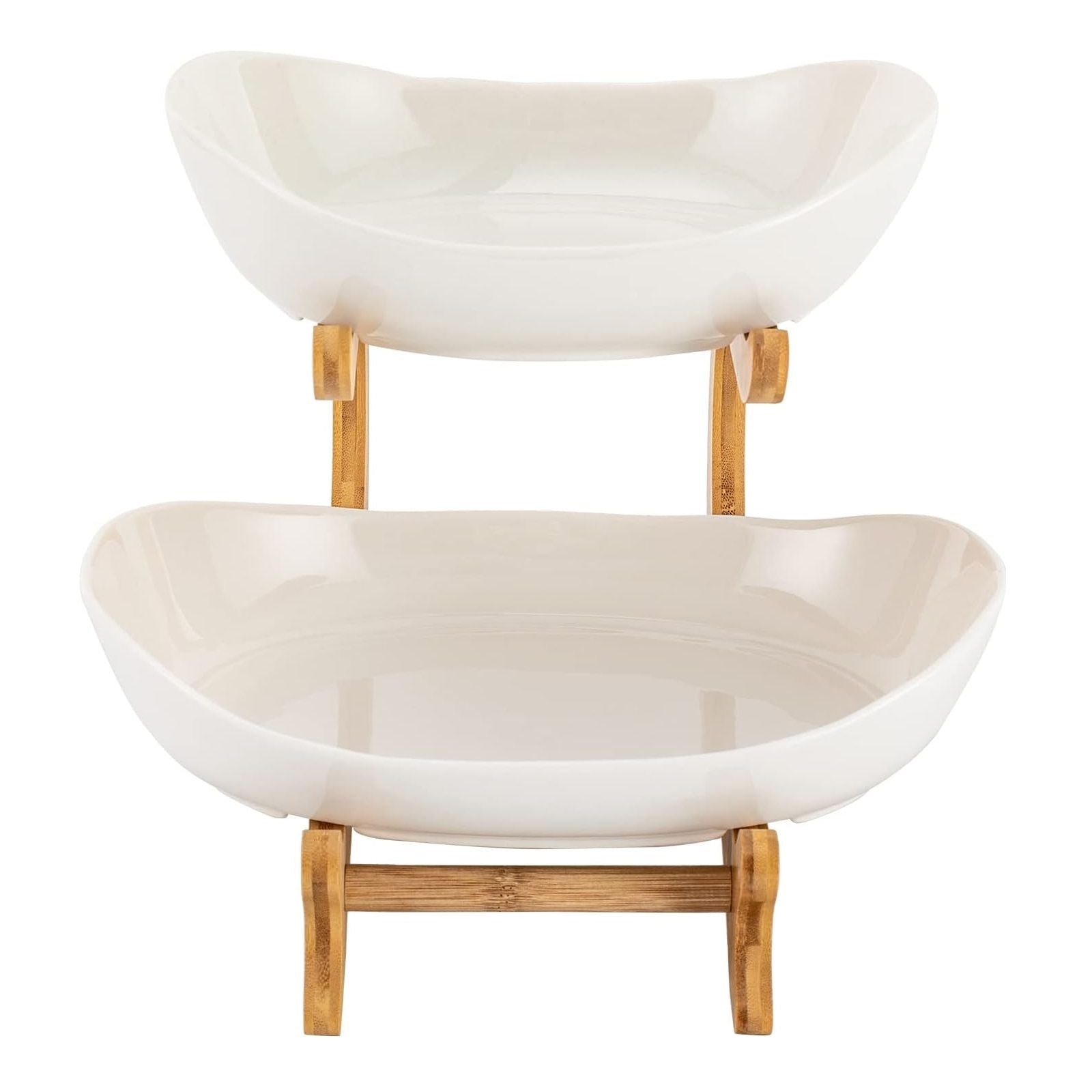 CARLA HOME 2-Tier Plastic Fruit Bowl Basket with Bamboo Stand for Kitchen Counter, Snack Tray, Dessert Server & Vegetable Storage Rack