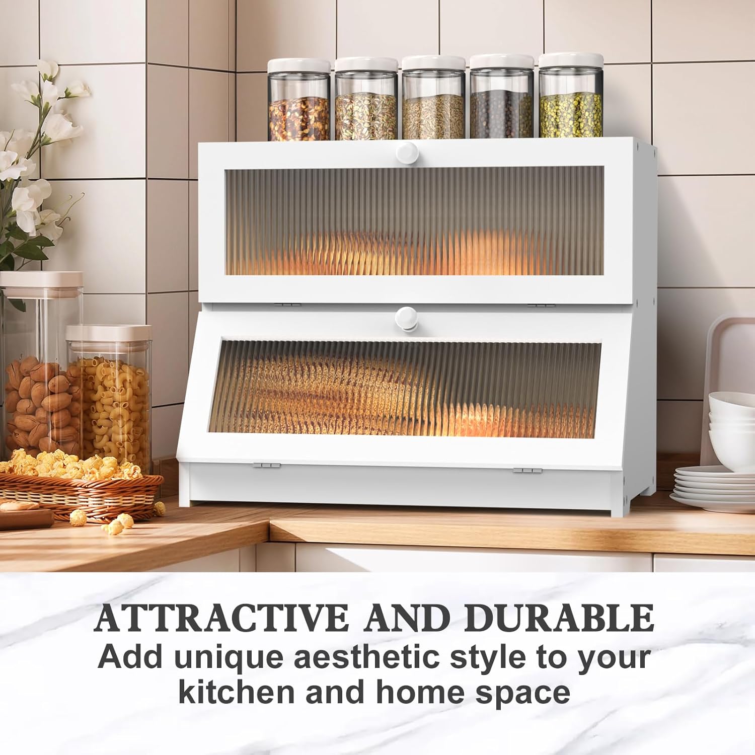 Laundry Storage: CARLA HOME Double Layer Bamboo Bread Box for Kitchen Counter - Large Capacity Bread Storage Container with Clear Window, Easy Assembly, Farmhouse Style Bread Holder (White)