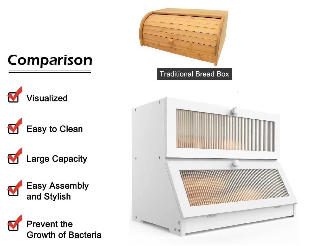 Laundry Storage: CARLA HOME Double Layer Bamboo Bread Box for Kitchen Counter - Large Capacity Bread Storage Container with Clear Window, Easy Assembly, Farmhouse Style Bread Holder (White)
