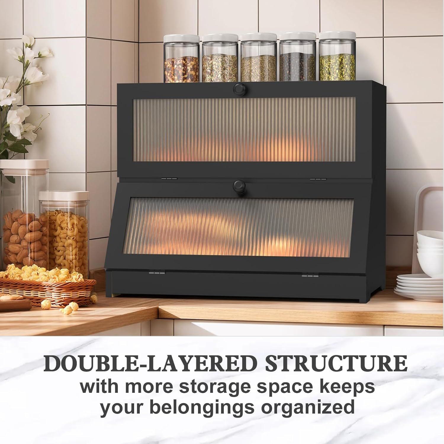 Laundry Storage: CARLA HOME Double Layer Bamboo Bread Box for Kitchen Counter - Large Capacity Bread Storage Container with Clear Window, Easy Assembly, Farmhouse Style Bread Holder (Black)